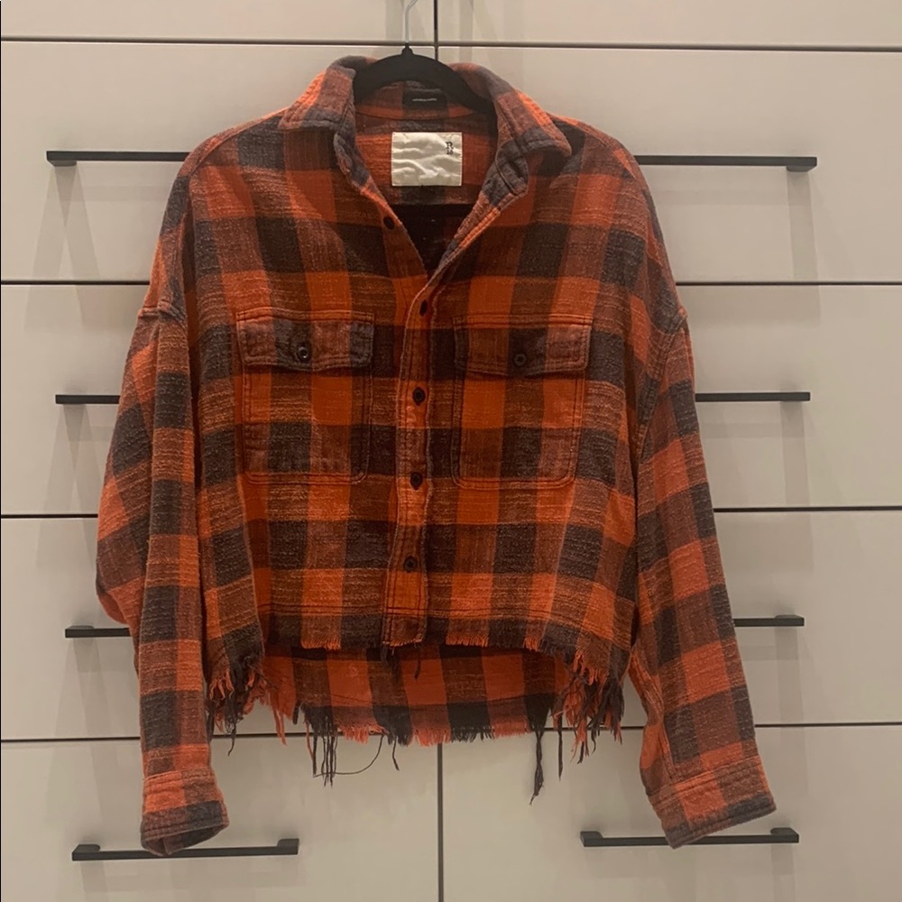 R13 Orange and Black Plaid Button Down Shirt